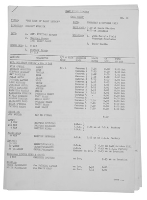 Barry Lyndon callsheet