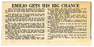 Emilio gets his big chance, newspaper cutting